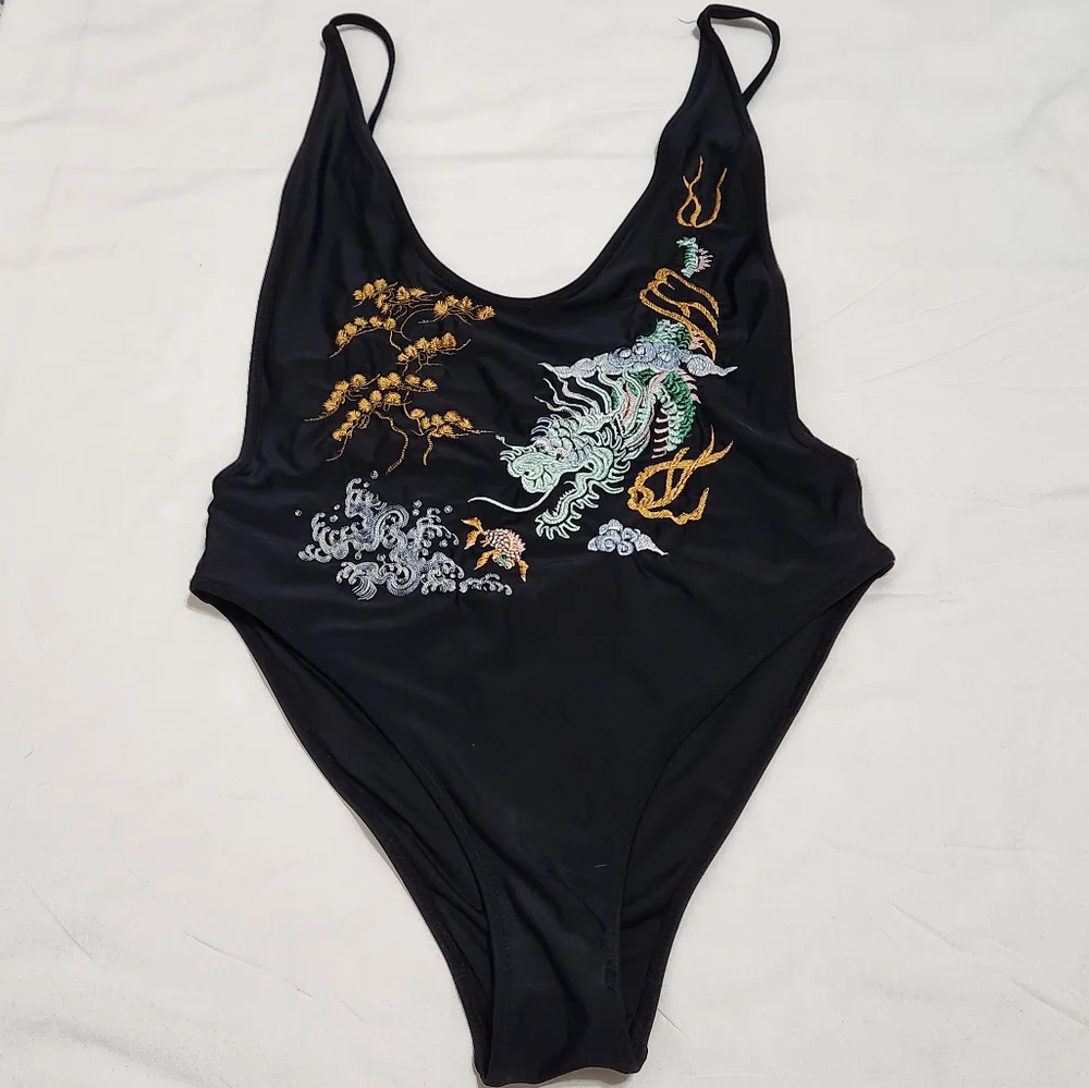 Nasty Gal Black Dragon Embroidered One Piece Swimsuit Asian Inspired M